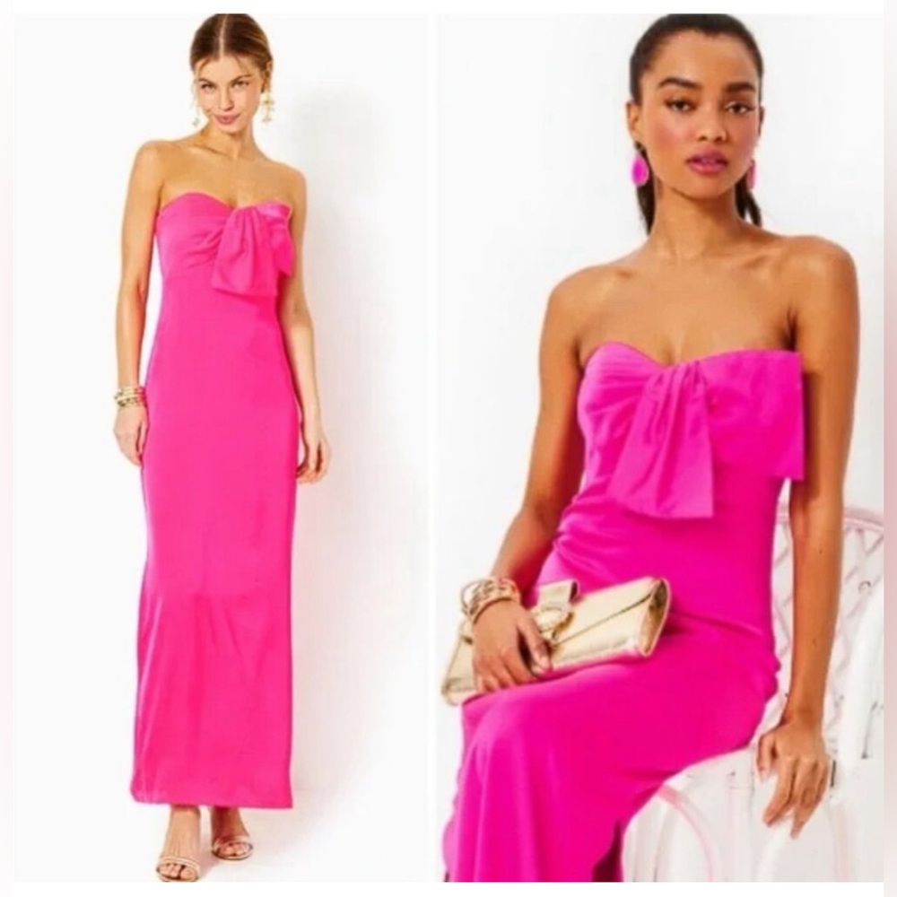 New Lilly Pulitzer Carlynn Satin Maxi Bow Dress Pink Palms Size 10 - Picture 6 of 6